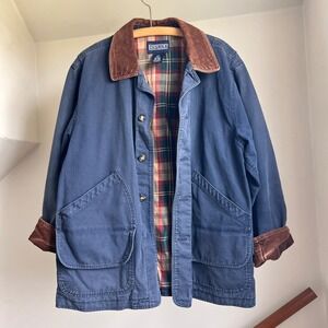 Vintage Lands End Barn Coat Jacket Mens L Navy Blue Canvas Corduroy Collar Chore